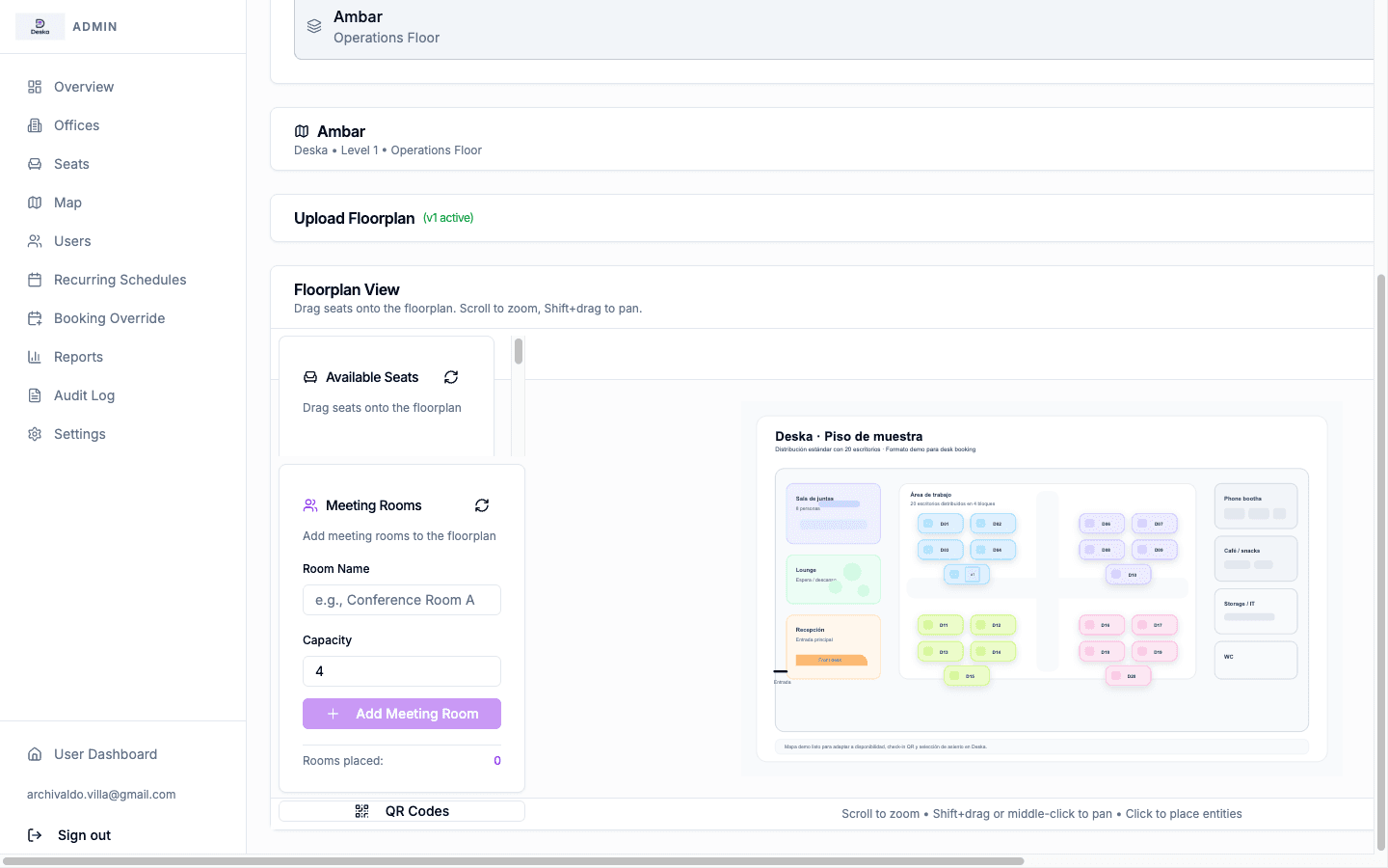 Deska admin panel showing an interactive office floor plan with booking zones